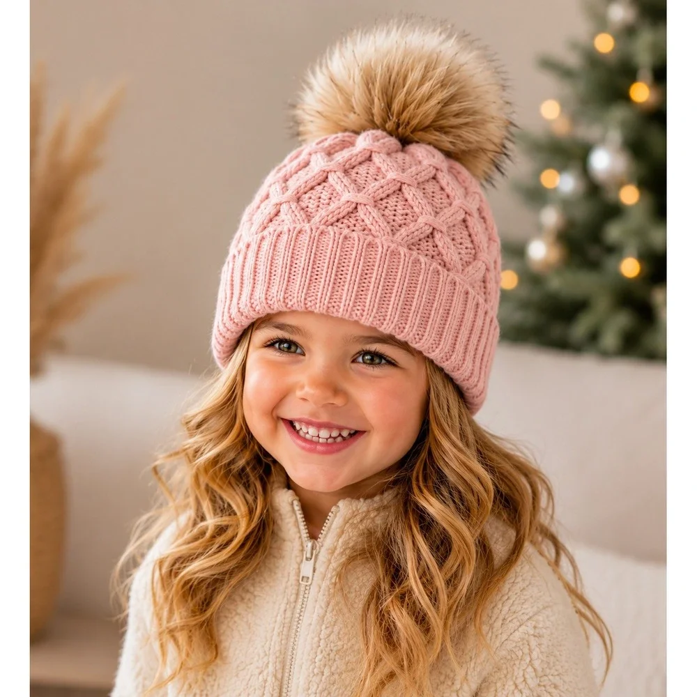 CUPCAKES AND CASHMERE Beanie Faux Fur Pom Cable Knit baby OS Pink NEW Winter Hat